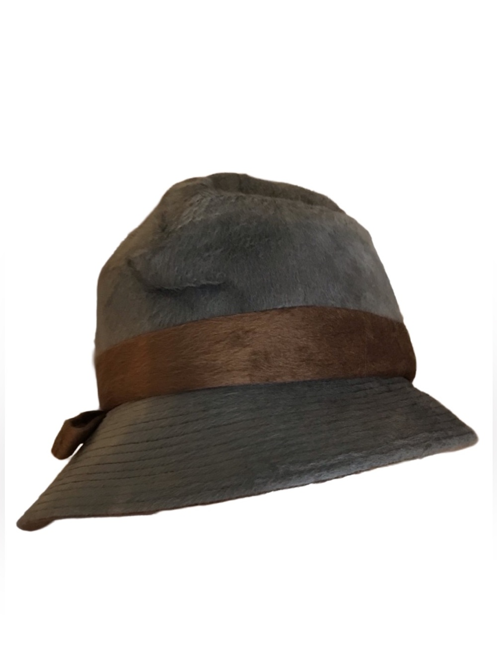 VINTAGE GEORGI ORIGINAL GRAY & BROWN VELOUR MODIFIED FEDORA FELT HAT - Picture 2 of 10